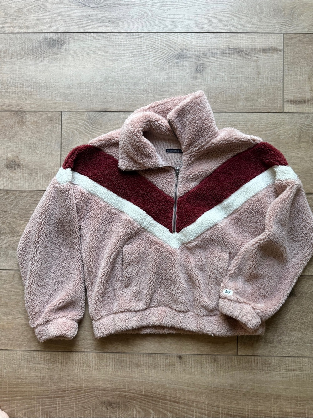 Abercrombie & Fitch Pink Sherpa Half-Zip with Burgundy & Cream Chevron